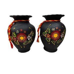 Made in Mexico Hand‎ Painted Pottery. Black with Bright floral pattern, set of 2